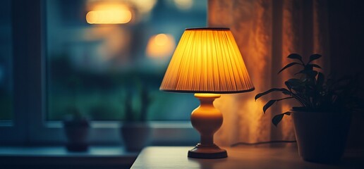 Warm Lamp Illuminates Cozy Room, Evening Ambiance, Soft Lighting, Tranquil Scene.