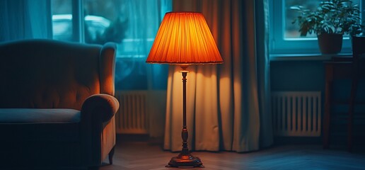 Warm Lamp Glow in Moody Interior with Armchair and Window Light