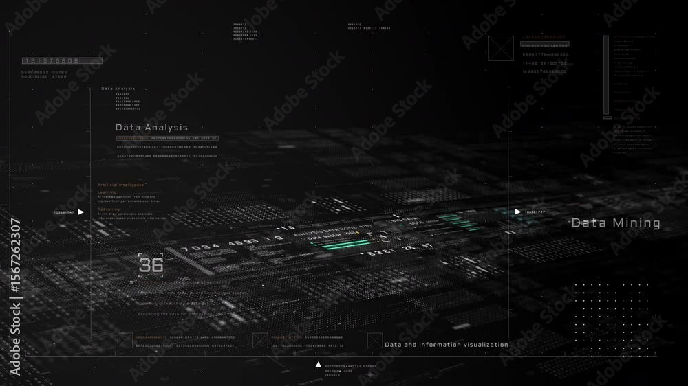 Poster high-tech data analysis and data mining digital interface with abstract information, numbers, techno