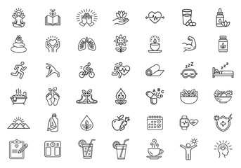 Vector icon set of wellness and self care, featuring mental health, relaxation, fitness, meditation, nutrition, and stress relief, in thin linear design