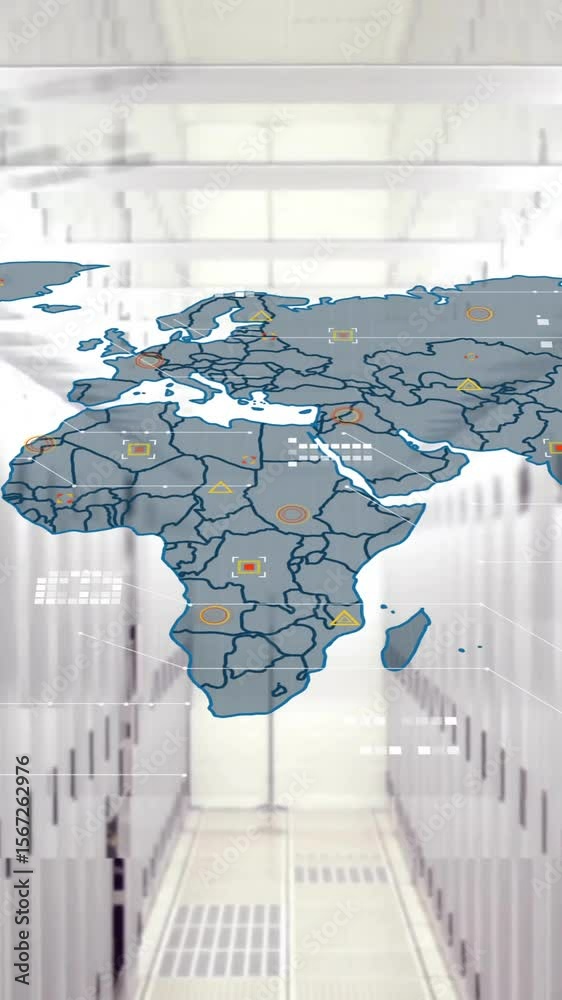 Poster animation of computer language and map over data server room