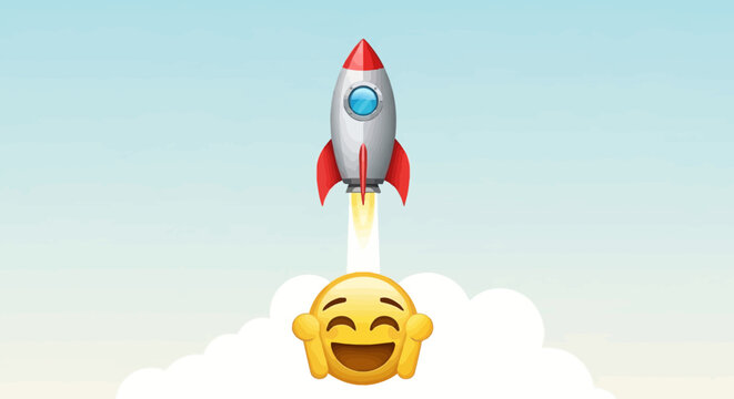 Naklejki Joyful emoji watches rocket launch, symbolizing successful takeoff and achievement.