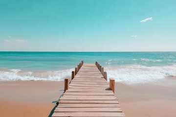 Wooden Pier Extending into Turquoise Ocean on Sandy Beach