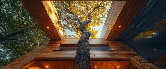 Wooden Structure with Skylight, Tree, and Natural Light