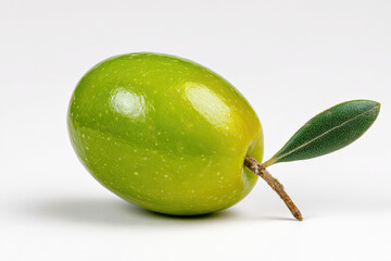 Fresh green olive with a leaf, showcasing its glossy surface and natural colors against a plain background