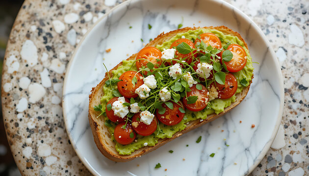 Avocado toast topped with cherry tomatoes, feta cheese, and herbs on a marble plate.