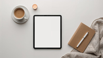Modern Digital Workspace with Tablet and Stationery &ndash; Flat Lay Scene

