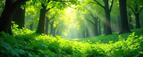 Sun-Dappled Canopy Lush Green Foliage and Vibrant Leaves in a Serene Summer Forest, Perfect for Nature, Ecology, and Environmental Projects.