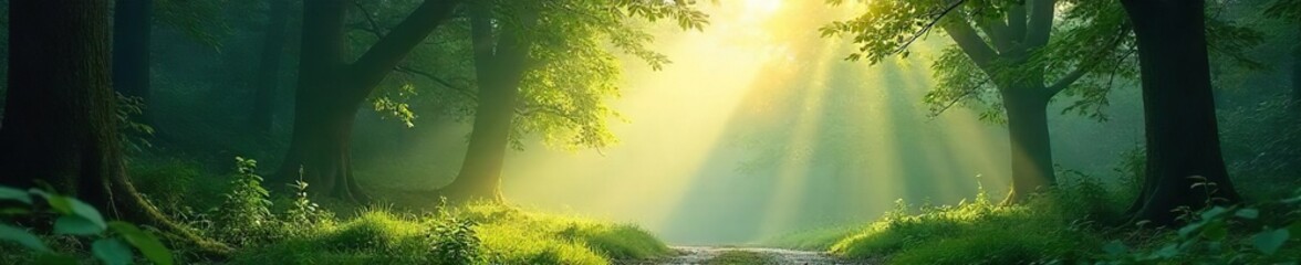 Ethereal Sunlight Dapples Lush Forest in Misty Morning, Creating a Breathtaking Escape to Natures Tranquility