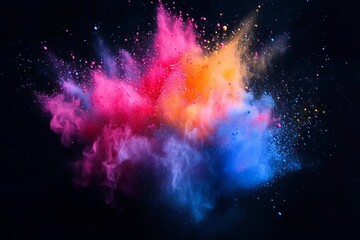 Explosion of vibrant colorful powder in dynamic motion with pink, orange, and blue hues on black background creating energetic abstract impact