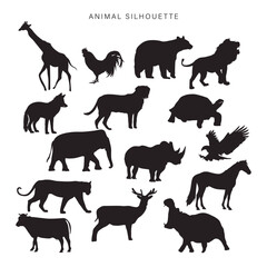 A composition of sixteen varied animal silhouettes presented in stark black against a white backdrop