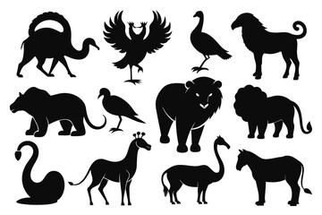 Black animal silhouettes camel bird bear lion giraffe zebra etc