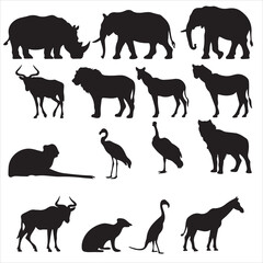 Collection of black silhouette images of various animals on a white background