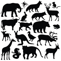 Silhouette art of various animals including elephant giraffe deer kangaroo and more