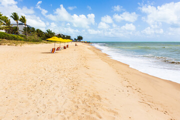 Sunny day at a sandy beach in João Pessoa, Paraíba, Brazil, with yellow umbrellas, palm trees and...
