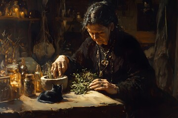 Obraz premium Neoclassical chiaroscuro oil painting of a dark-robed witch sitting at an old wooden table in a mystical house in the woods, preparing dried herbs accompanied by a black cat sitting on the table