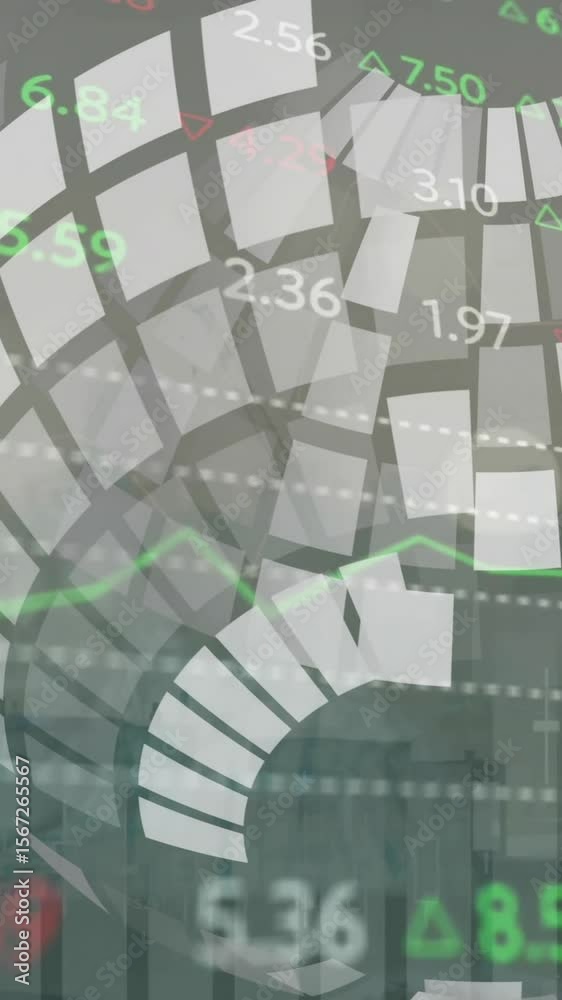 Poster animation of financial data processing over grid and dark background