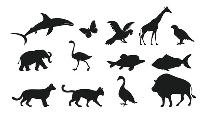 Collection of silhouetted animal shapes in black against a white background