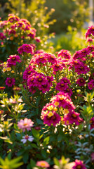 Obraz premium Vibrant pink and magenta flowers blooming in a lush garden under sunlight with green foliage and a clear blue sky in the background