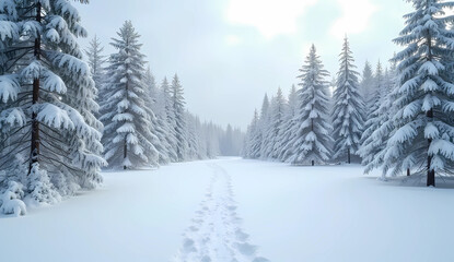 Fototapeta premium Snow-covered pine forest in winter, footprints in snow, cloudy sky, cold atmosphere – clean and minimal – perfect for winter stock 