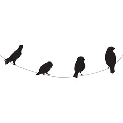 Silhouetted birds perch on a wire facing different directions
