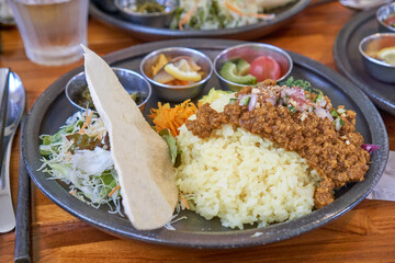 Japanese style keema curry(dry curry) with side dishes