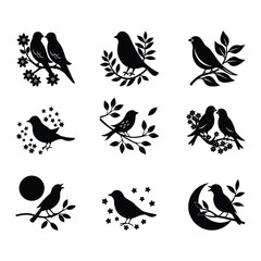 Black bird silhouette illustrations on branches with foliage moon sun  flowers on white