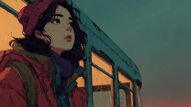 Young woman with beanie boarding vintage train at sunset 4K Seamless loop animation