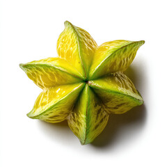 Fototapeta premium Vibrant star-shaped fruit with green edges on a clean white background, showcasing natural beauty