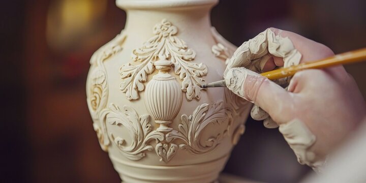A ceramic artist adding final details to a handcrafted clay vase