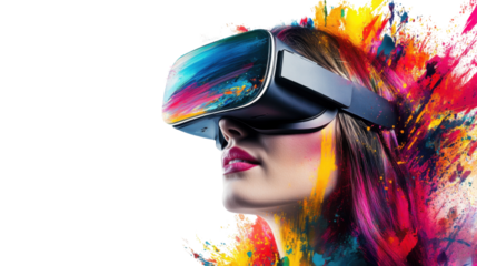 A stylized illustration of a woman wearing virtual on white background