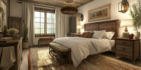A charming bedroom with rustic wooden furniture, soft linens, and farmhouse-style decor