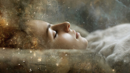 Peaceful person lying down with eyes closed surrounded by soft light and dreamy atmosphere