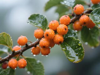 Orange Berries with Rain Droplets on Branch and Green Leaves