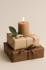 Minimalistic eco-friendly gift wrapping with a lit beige candle and green leaf on stacked neutral paper packages, creating a warm, natural, and sustainable holiday or celebration aesthetic.

