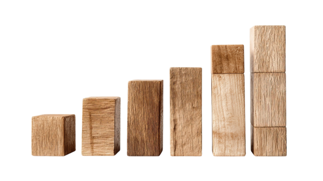  Wooden Block Bar Chart Showing Increasing Height on Transparent Background