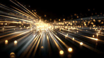 Golden light beams with glowing bokeh dots create abstract dynamic pattern effect