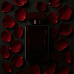 Luxurious dark perfume bottle surrounded by red rose petals on a black background, creating a sensual, romantic, and elegant flat lay perfect for fragrance branding and advertising visuals.

