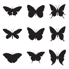 Nine black butterfly silhouettes arranged in a 3x3 grid on a white background