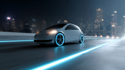 Fototapeta premium Sleek electric car with glowing blue wheels driving on futuristic city road at night