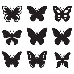 Nine black butterfly silhouettes in a grid pattern