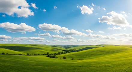 Obraz premium Serene Rolling Hills Landscape Sunny Day, Green Fields, Blue Sky