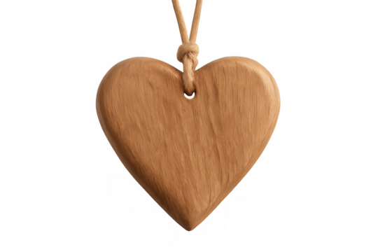 Wooden heart pendant hanging from a string, isolated on transparent background, representing love, nature, and craft