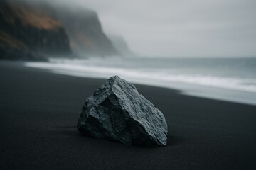 Black sand beach with a single dark rock in the foreground, misty ocean waves and cliffs in the background, creating a moody, minimal nature landscape ideal for travel, mindfulness, and calming aesthe