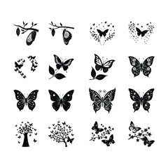 Silhouetted butterflies in various designs some with floral or branch elements arranged in a grid