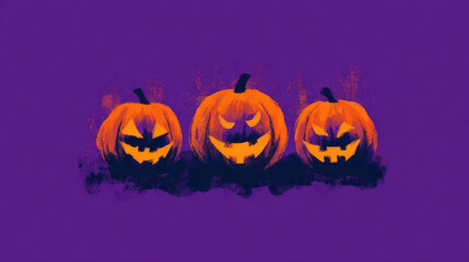 Three glowing orange Halloween pumpkins with scary faces on purple background