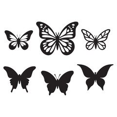 Six black butterfly silhouettes are arranged in two rows on a white background