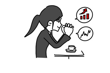 カフェで投資について考える女性
