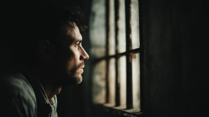 Man in prison cell looking out through bars with dim light creating somber mood
