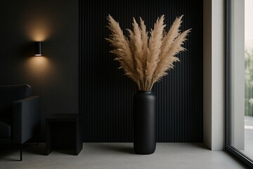 Modern interior with tall black vase holding pampas grass in minimal dark luxury living room with black textured wall, warm light, and large window, perfect for decor and background

